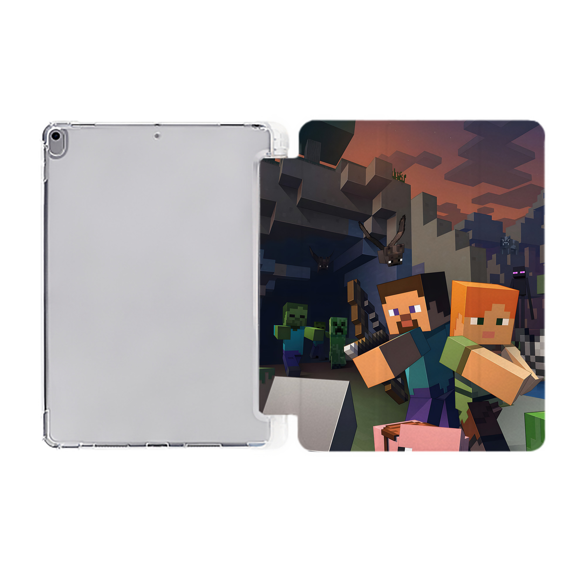 （画像用） マインクラフト ブロックの世界 Minecraft MC Block world IPad ケース ペン収納付き 三つ折りスタンド PUレザー×シリコン 対応機種9.5/10.5/10.9インチ